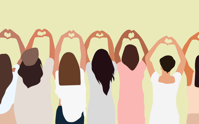 Illustration verschiedener Frauen von hinten, die Herzzeichen mit ihren Händen in die Luft halten